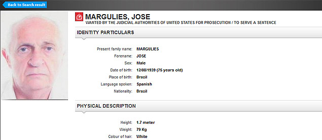 Ficha de Jos Margulies na pgina de procurados da Interpol