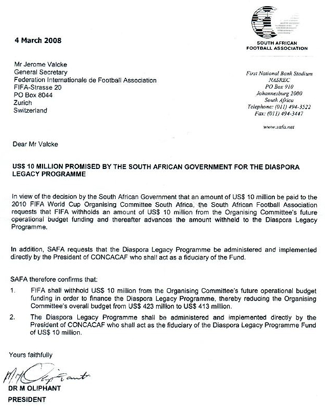 Documento divulgado pelo canal sul-africano SABC