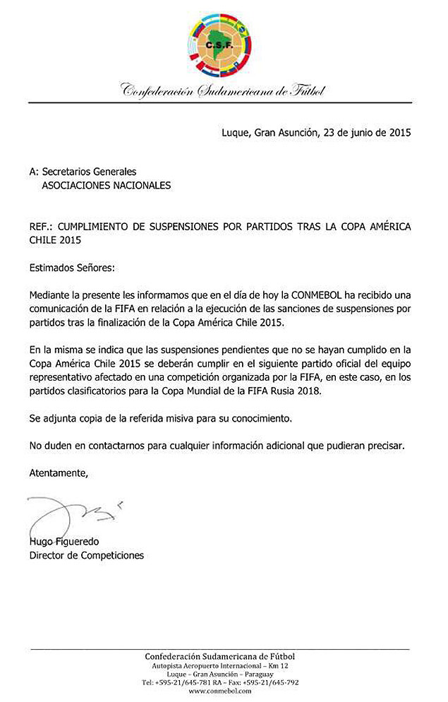 Carta da Conmebol explica a possibilidade de Neymar cumprir a suspenso nas eliminatrias