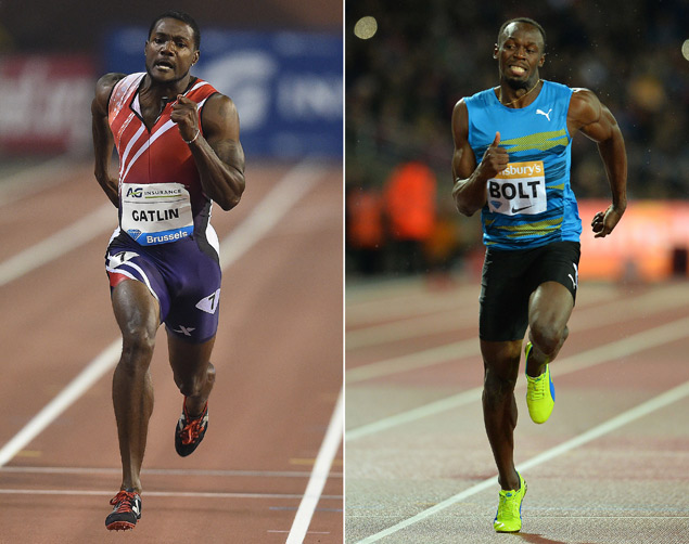 Combination picture made on August 21, 2015 shows Jamaica's Usain Bolt (R) in London on July 24, 2015 and Justin Gatlin in Brussels, September 5, 2014. Usain Bolt and the controversial Justin Gatlin will get the world championships off to an explosive start when they take their rivalry onto the Beijing track in the 100m heats on August 22, 2015. AFP PHOTO / EMMANUEL DUNAND / GLYN KIRK ORG XMIT: ATH02