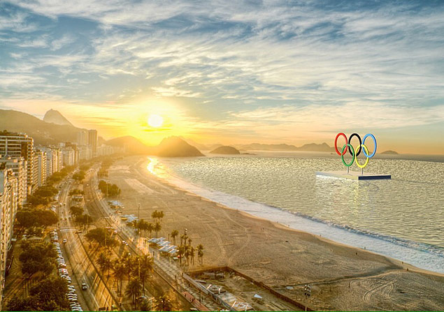Foto mostra como ficar a estrutura com os anis olmpicos no mar de Copacabana