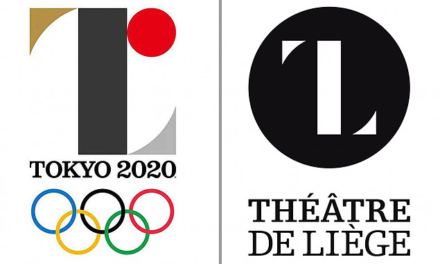Logotipo da Olimpíada de Tóquio-2020 projetado por Kenjiro Sano (esq.) e logotipo Théâtre de Liège criado por Olivier Debie