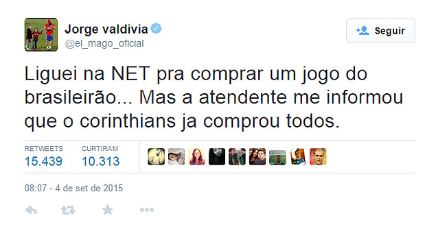 Valdivia zoa o Corinthians no Twitter --- https://twitter.com/el_mago_oficial/status/639816976165175296
