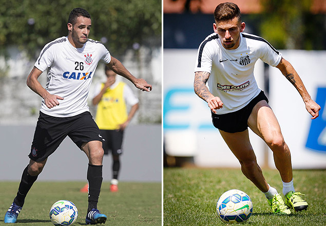Renato Augusto (esq.), do Corinthians, e Lucas Lima, do Santos, durante treino
