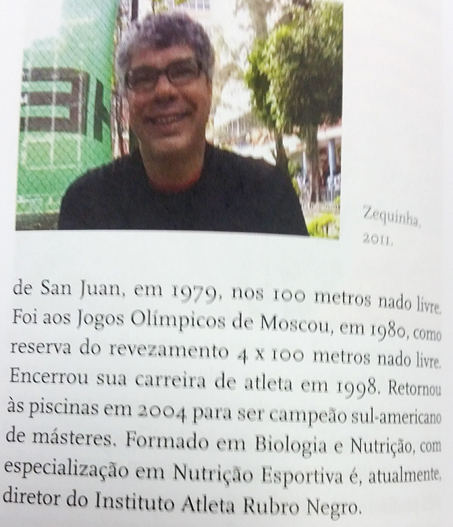 Trecho do verbete referente a Zequinha dos Santos (na foto) no livro "Atletas Olímpicos Brasileiros", de Katia Rubio 