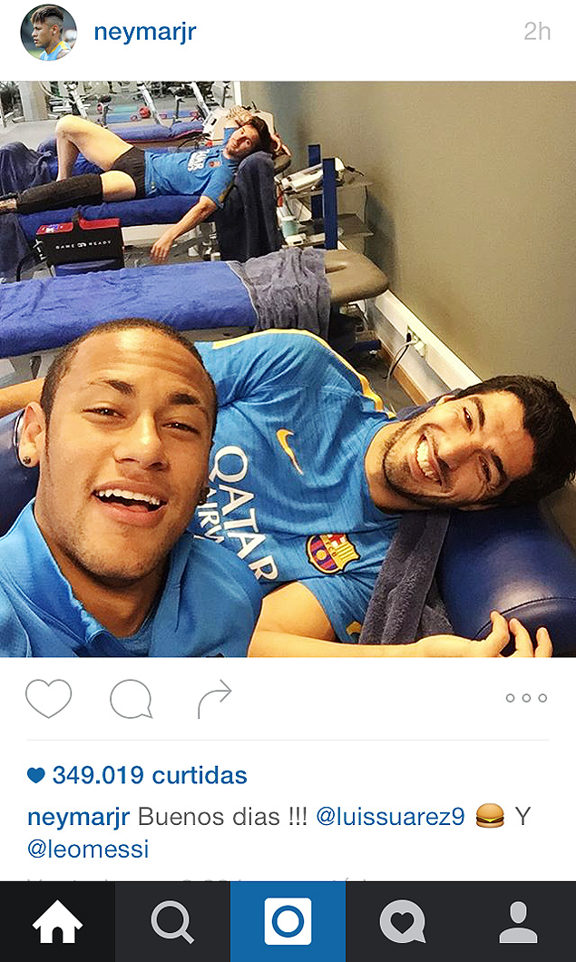 Neymar posta foto com Suárez e Messi 
