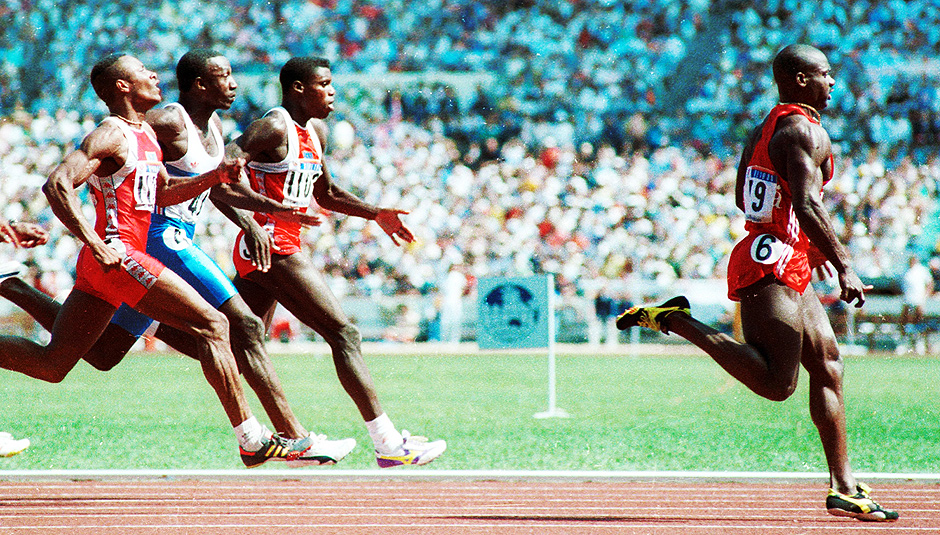Sprinter Ben Johnson wins the gold medal in the 100m sprint at the Seoul Olympics in this September 24, 1988 file photo. Behind him are (L to R) Calvin Smith, Linford Christie and Carl Lewis. Johnson later lost the medal when he tested positive for steroids. REUTERS/Gary Hershorn/files (SOUTH KOREA - Tags: SPORT ATHLETICS HEALTH OLYMPICS TPX IMAGES OF THE DAY) ATTENTION EDITORS - THIS PICTURE IS PART OF PACKAGE '30 YEARS OF REUTERS PICTURES' TO FIND ALL 56 IMAGES SEARCH '30 YEARS' ORG XMIT: FTF31