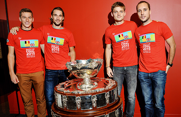 (From L) Belgium's Kimmer Coppejans, Ruben Bemelmans, David Goffin and Steve Darcis pose after a press conference ahead of the Davis Cup World Group final between Belgium and Britain, in Brussels on November 17, 2015. The final will be played from November 27 to 29, 2015 in Gent Flanders Expo. AFP PHOTO / BELGA / DAVID STOCKMAN ORG XMIT: DS03