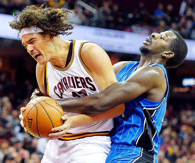 Nov 23, 2015; Cleveland, OH, USA; Cleveland Cavaliers forward Anderson Varejao (17) is fouled by Orlando Magic forward Andrew Nicholson (44) in the fourth quarter at Quicken Loans Arena. Mandatory Credit: David Richard-USA TODAY Sports ORG XMIT: USATSI-231700