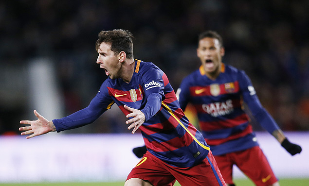 FC Barcelona's Lionel Messi celebrates scoring against Espanyol during a Copa del Rey soccer match at the Camp Nou stadium in Barcelona, Spain, Wednesday, Jan. 6, 2016. (AP Photo/Manu Fernandez) ORG XMIT: MF107