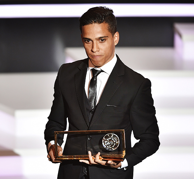 Vila Nova's Brazilian forward Wendell Lira poses after receiving the Puskas Award for the "goal of the year" 