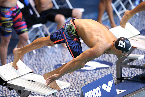 ORLANDO, FL - MARCH 04: Brazilian Cesar Cielo is seen at the start of the Mens 50 LC meter freestyle prelims during day two of the Arena Pro Swim Series at the YMCA of Central Florida Aquatic Center on March 4, 2016 in Orlando, Florida. Alex Menendez/Getty Images/AFP == FOR NEWSPAPERS, INTERNET, TELCOS & TELEVISION USE ONLY ==
