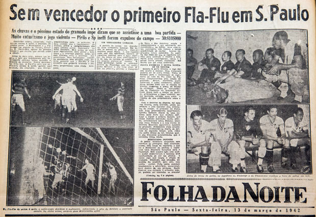 Folha da Noite de 13 de maro de 1942 anuncia com destaque o resultado do Fla-Flu no Pacaembu