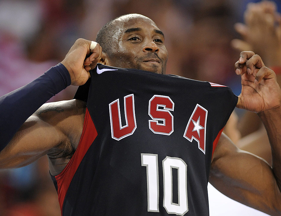 ORG XMIT: 284701_1.tif USA's Kobe Bryant celebrates at the end of the men's basketball gold medal match Spain against The US of the Beijing 2008 Olympic Games on August 24, 2008 at the Olympic basketball Arena in Beijing. The US won 118-107. AFP PHOTO / TIMOTHY A. CLARY 