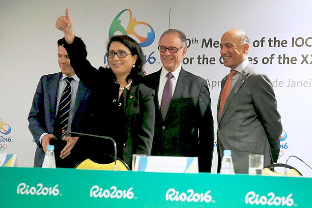 Nawal El Moutawakel (2nd L), chairman of the International Olympic Committee (IOC) Coordination Commission, gestures, accompanied by Rio 2016 Olympic Games Organising Committee President Carlos Arthur Nuzman (2nd R) and Rio 2016 Committee Chief Executive Officer Sidney Levy (R), after a news conference during the IOC Coordination Commission's 10th visit to Rio 