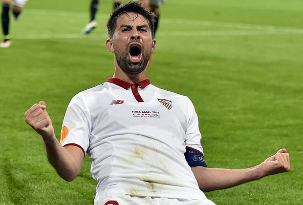 Sevilla's Spanish defender and captain Coke celebrates after scoring a goal during the UEFA Europa League final football match between Liverpool FC and Sevilla FC at the St Jakob-Park stadium in Basel, on May 18, 2016. AFP PHOTO / MICHAEL BUHOLZER ORG XMIT: 1341