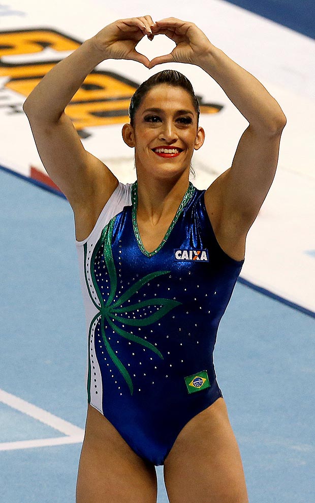 Gymnastics - FIG World Cup Challenge - Sao Paulo, Brazil - 21/5/2016 - Daniele Hypolito of Brazil reacts after performing on the vault in the final. REUTERS/Paulo Whitaker ORG XMIT: PW