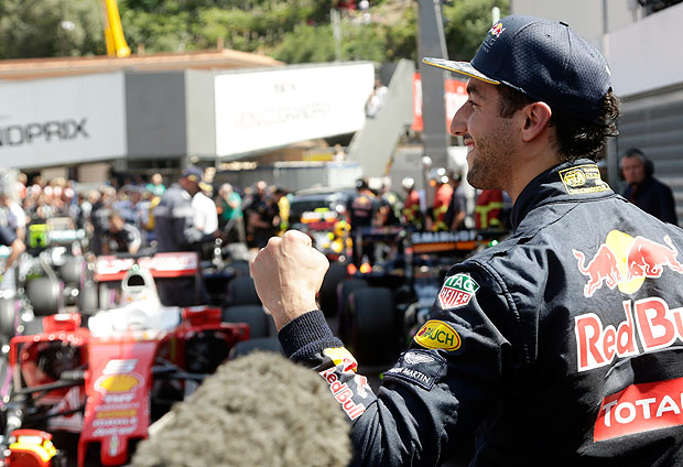 Red Bull driver Daniel Ricciardo of Australia reacts after winning the qualification at the Monaco racetrack in Monaco, Monaco, Saturday, May 28, 2016. The Formula one race will be held on Sunday. (AP Photo/Petr David Josek) ORG XMIT: PJO137