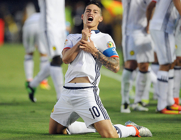 June 7, 2016; Pasadena, CA, USA; Colombia midfielder James Rodriguez (10) celebrates his goal scored against Paraguay during the first half in the group play stage of the 2016 Copa America Centenario. at Rose Bowl Stadium. Mandatory Credit: Gary A. Vasquez-USA TODAY Sports ORG XMIT: USATSI-269484