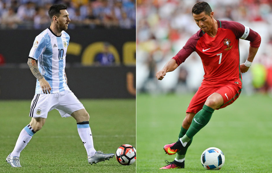 Messi (esq.), em jogo da Argentina, e Cristiano Ronaldo em partida de Portugal