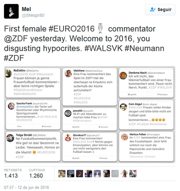 Postagens no Twitter com insultos para Claudia Neumann,narradora de futebol na Alemanha