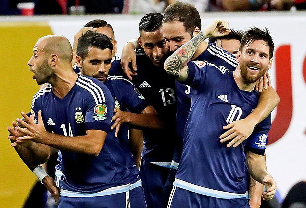Jun 21, 2016; Houston, TX, USA; Argentina midfielder Lionel Messi (10) celebrates with teammates after scoring a goal during the first half against the United States in the semifinals of the 2016 Copa America Centenario soccer tournament at NRG Stadium. Mandatory Credit: Kevin Jairaj-USA TODAY Sports ORG XMIT: USATSI-269510