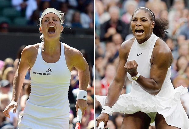A combination of pictures created on July 8, 2016 shows Germany's Angelique Kerber (L) celebrating during her women's singles quarter-final match at the 2016 Wimbledon Championships in London on July 5, 2016 and US player Serena Williams (R) celebrating her women's singles second round victory at the Championships at The All England Lawn Tennis Club in Wimbledon on July 1, 2016. Kerber and Williams face each other in the women's singles final on July 9, 2016. / AFP PHOTO / ADRIAN DENNIS AND GLYN KIRK