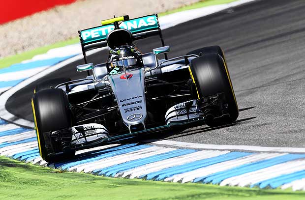 Mercedes AMG Petronas F1 Team's German driver Nico Rosberg drives on the track during the second practice session ahead of the Formula One Grand Prix of Germany at the Hockenheim circuit, southern Germany, on July 29, 2016. / AFP PHOTO / PATRIK STOLLARZ ORG XMIT: PST078