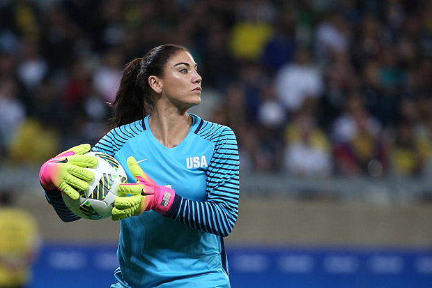 United States goalkeeper Hope Solo takes the ball during a women's Olympic football tournament match against New Zealand at the Mineirao stadium in Belo Horizonte, Brazil, Wednesday, Aug. 3, 2016. (AP Photo/Eugenio Savio) ORG XMIT: XES114