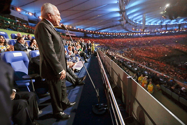 Brazil interim President Michel Temer declares the opening of the 2016 Summer Olympics during the opening ceremony in Rio de Janeiro, Brazil, Friday, Aug. 5, 2016. (AP Photo/Mark Humphrey, Pool) ORG XMIT: OLMH123