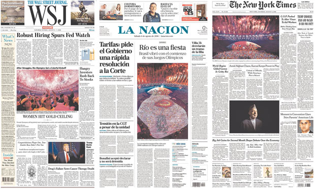 Capas do Wall Street Journal, La Nacin e New York Times repercutiram abertura da Rio-2016