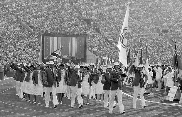 FILE - In this July 28, 1984, file photo, the Taiwan delegation parades during the opening ceremonies for the Olympic Games in Los Angeles. Starting in 1984, after both competing as the Republic of China and then Taiwan, the Taiwanese participated at the Olympics as the Chinese Taipei. (AP Photo/File) ORG XMIT: NY15828.