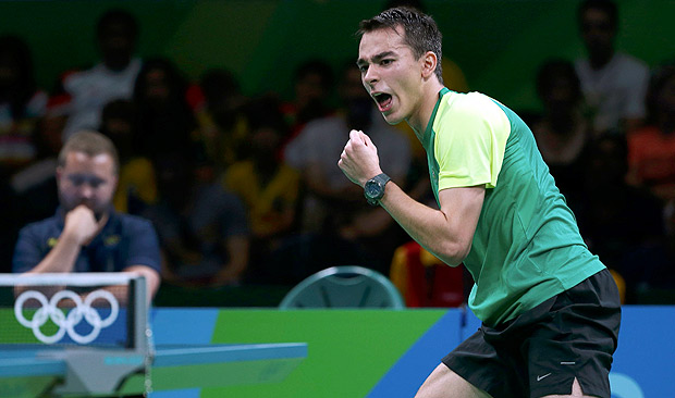 2016 Rio Olympics - Table Tennis - Men's Singles - Round 2 - Riocentro - Pavilion 3 - Rio de Janeiro, Brazil - 07/08/2016. Hugo Calderano (BRA) of Brazil celebrates a point during his match against Par Gerell (SWE) of Sweden. REUTERS/Alkis Konstantinidis FOR EDITORIAL USE ONLY. NOT FOR SALE FOR MARKETING OR ADVERTISING CAMPAIGNS. ORG XMIT: OLYKR4440