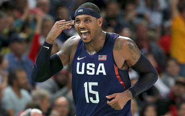 2016 Rio Olympics - Basketball - Preliminary - Men's Preliminary Round Group A Australia v USA - Carioca Arena 1 - Rio de Janeiro, Brazil - 10/08/2016. Carmelo Anthony (USA) of the USA celebrates a three point shot. REUTERS/Jim Young FOR EDITORIAL USE ONLY. NOT FOR SALE FOR MARKETING OR ADVERTISING CAMPAIGNS. ORG XMIT: MJB80
