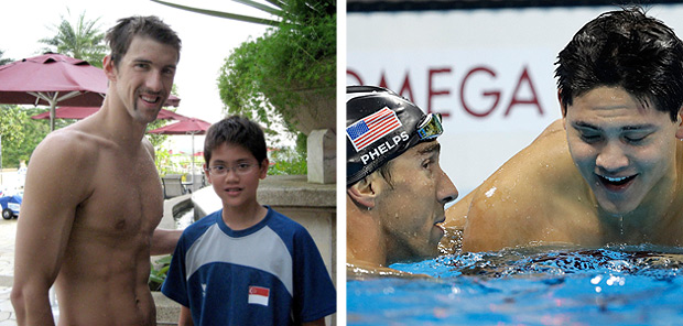 Singapore swimmer Joseph Schooling (R) poses with U.S. swimmer Michael Phelps during a training camp in Singapore in this 2008 photo released by the Schooling family August 13, 2016. May Schooling/Handout via REUTERS ATTENTION EDITORS - THIS PICTURE WAS PROVIDED BY A THIRD PARTY. EDITORIAL USE ONLY. NO RESALES. NO ARCHIVE. ORG XMIT: ESU100 Singapore's Joseph Schooling is congratulated by United States' Michael Phelps after winning the gold medal in the men's 100-meter butterfly final during the swimming competitions at the 2016 Summer Olympics, Friday, Aug. 12, 2016, in Rio de Janeiro, Brazil. (AP Photo/Michael Sohn) ORG XMIT: OSWM259