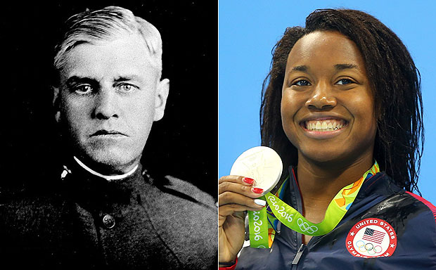 Thomas Burke, primeiro medalhista de ouro da histria dos EUA, e Simone Manuel, que fechou a prova de revezamento que deu o milsimo primeiro lugar olmpico ao pas