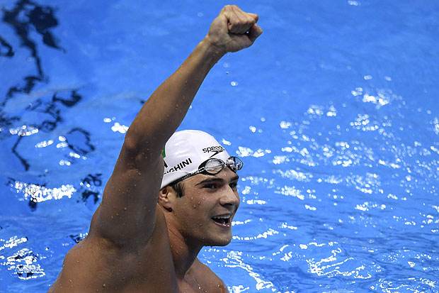 Brazil's Marcelo Chierighini reacts after competing in the Men's 100m Freestyle Semifinal during the swimming event at the Rio 2016 Olympic Games at the Olympic Aquatics Stadium in Rio de Janeiro on August 9, 2016. / AFP PHOTO / CHRISTOPHE SIMON