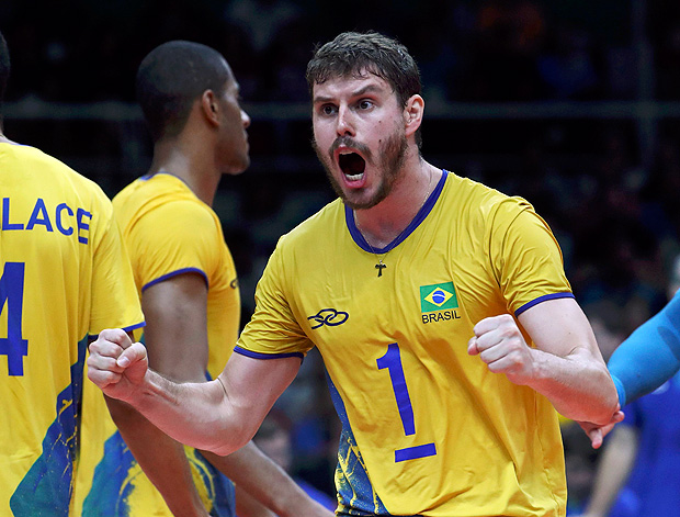 2016 Rio Olympics - Volleyball - Men's Semifinals Russia v Brazil - Maracanazinho - Rio de Janeiro, Brazil - Bruno (BRA) of Brazil reacts. REUTERS/Yves Herman FOR EDITORIAL USE ONLY. NOT FOR SALE FOR MARKETING OR ADVERTISING CAMPAIGNS. ORG XMIT: OLYSS807