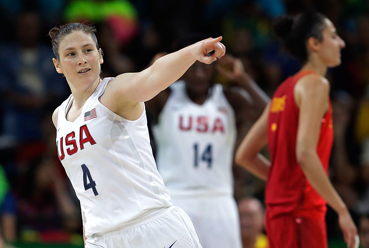 United States' Lindsay Whalen celebrates a score against Spain during a women's gold medal basketball game at the 2016 Summer Olympics in Rio de Janeiro, Brazil, Saturday, Aug. 20, 2016. (AP Photo/Eric Gay) ORG XMIT: OBKL225