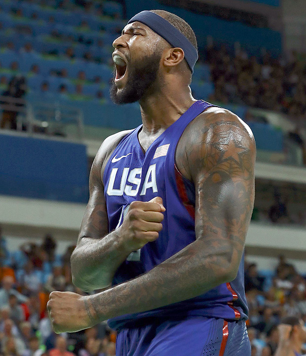 2016 Rio Olympics - Basketball - Final - Men's Gold Medal Game Serbia v USA - Carioca Arena 1 - Rio de Janeiro, Brazil - 21/8/2016. Demarcus Cousins (USA) of the USA reacts after getting fouled. REUTERS/Jim Young FOR EDITORIAL USE ONLY. NOT FOR SALE FOR MARKETING OR ADVERTISING CAMPAIGNS. ORG XMIT: MJB66
