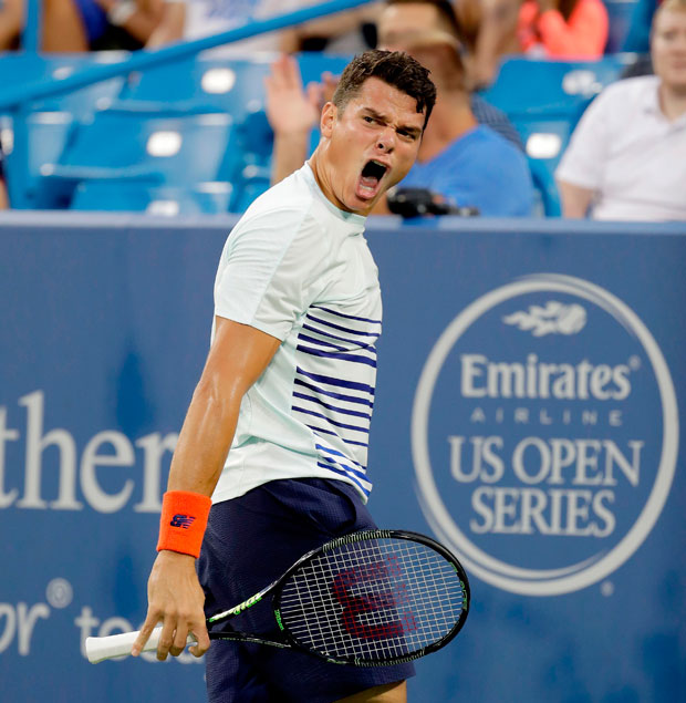 Milos Raonic of Canada celebrates after winning a point in the semifinal match against Andy Murray of Great Britain during day 8 of the Western & Southern Open at the Lindner Family Tennis Center on August 20, 2016 in Mason, Ohio. Andy Lyons/Getty Images/AFP 