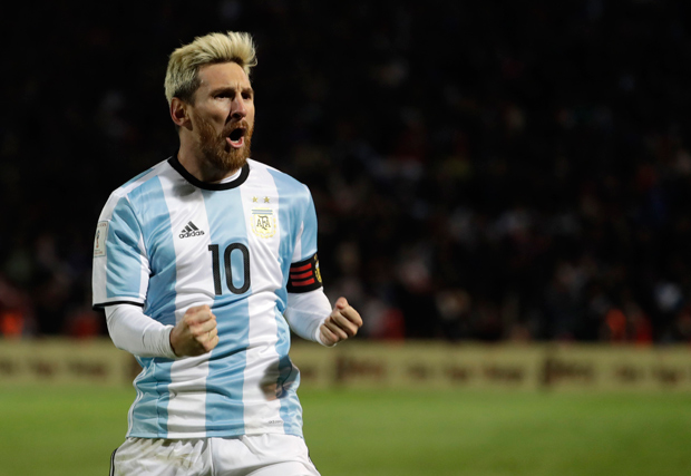 Argentina's Lionel Messi celebrates scoring against Uruguay during a 2018 World Cup qualifying soccer match in Mendoza, Argentina, Thursday, Sept. 1, 2016.(AP Photo/Natacha Pisarenko) ORG XMIT: XNP113