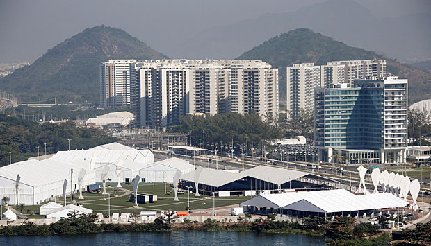 A general view shows the Olympic and Paralympic Village (back), where the athletes will stay during the competitions, near the 2016 Rio Olympic Park in Rio
