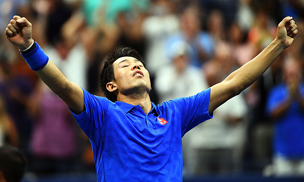 NEW YORK, NY - SEPTEMBER 07: Kei Nishikori of Japan celebrates after defeating Andy Murray of Great Britain during their Men's Singles Quarterfinal match on Day Ten of the 2016 US Open at the USTA Billie Jean King National Tennis Center on September 7, 2016 in the Flushing neighborhood of the Queens borough of New York City. Alex Goodlett/Getty Images/AFP == FOR NEWSPAPERS, INTERNET, TELCOS & TELEVISION USE ONLY ==