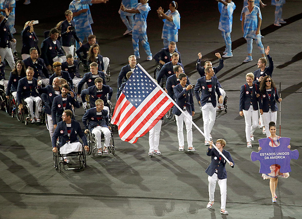 The United States delegation enters the stadium during the opening ceremony of the Rio 2016 Paralympic games at Maracana Stadium in Rio de Janeiro, Brazil, Wednesday, Sept. 7, 2016. (AP Photo/Silvia Izquierdo) ORG XMIT: XSI121