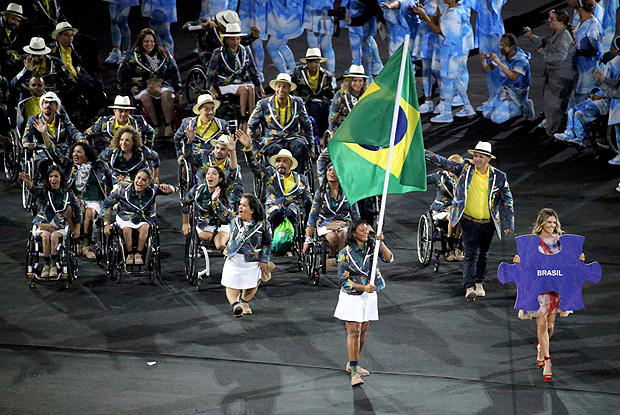 Athletes from Brazil take part in the opening ceremony