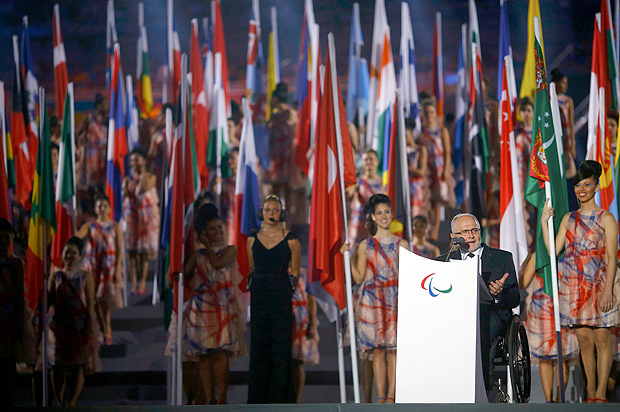 Philip Craven, President of the International Paralympic Committee, speaks during the opening ceremony