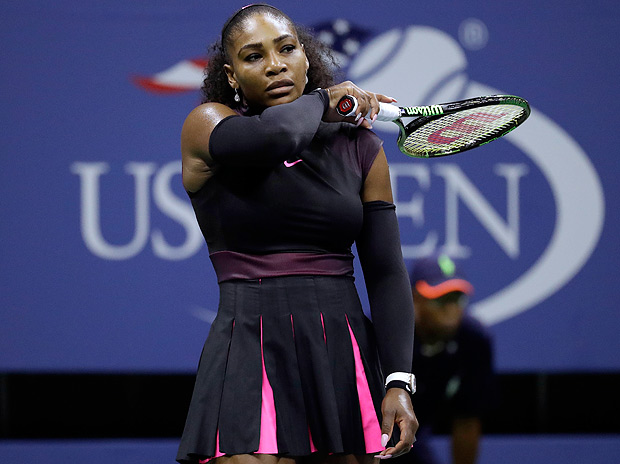Serena Williams reacts after a point to Karolina Pliskova, of the Czech Republic, during the semifinals of the U.S. Open tennis tournament, Thursday, Sept. 8, 2016, in New York. (AP Photo/Julio Cortez) ORG XMIT: USO213