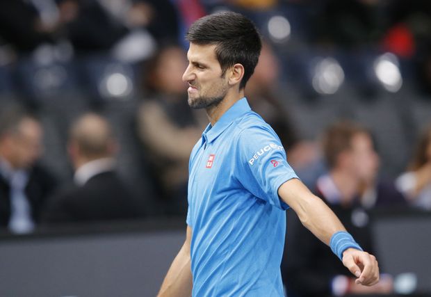 Novak Djokovic of Serbia reacts after loosing a point against Marin Cilic of Croatia during the quarterfinal match of the Paris Masters tennis tournament at the Bercy Arena in Paris, Friday, Nov. 4, 2016. Cilic won 6-4, 7-6. (AP Photo/Michel Euler) ORG XMIT: MEU125