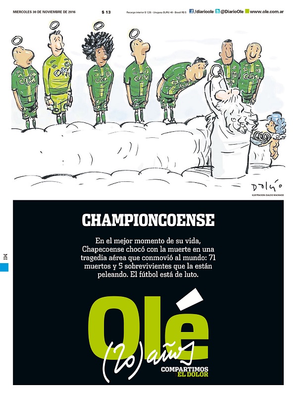 Capa do jornal 'Ol', de 30 de novembro, em homenagem ao Chapecoense